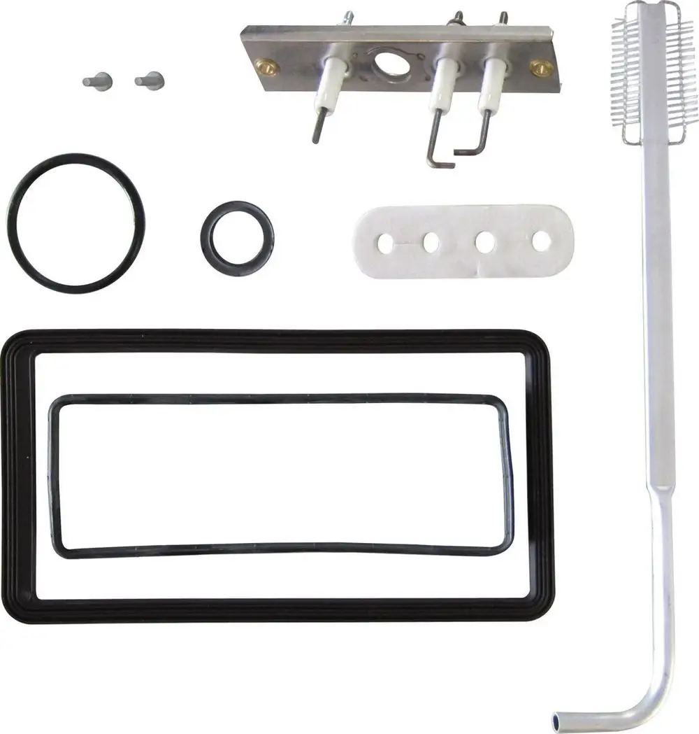 BOSCH Ersatzteil-Set mit verschiedenen Komponenten, darunter Dichtungen, eine Metallplatte mit Elektroanschlüssen und ein Reinigungswerkzeug.